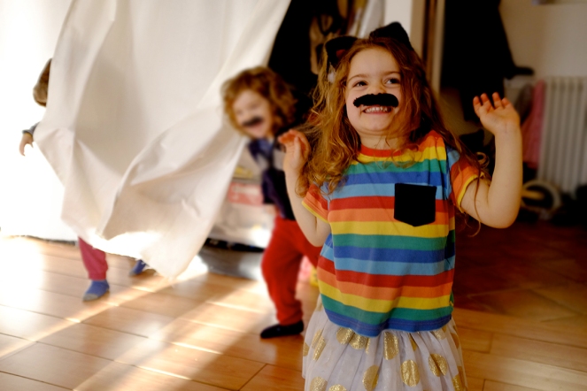 kids clowning around fake moustache cat ears rainbow tshirt